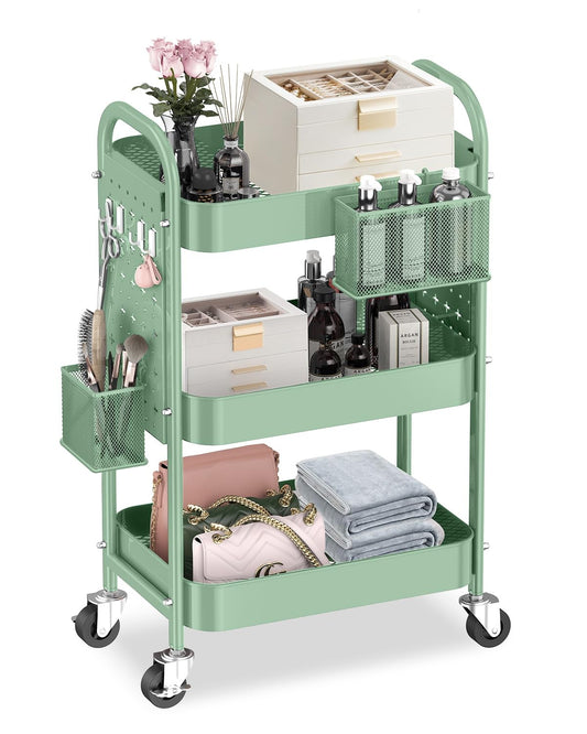 ALVOROG 3 Tier Rolling Cart with DIY Pegboards Metal Utility Cart with Wheels Handles Baskets Hooks, Storage Cart for Office Kitchen Bathroom(Green)