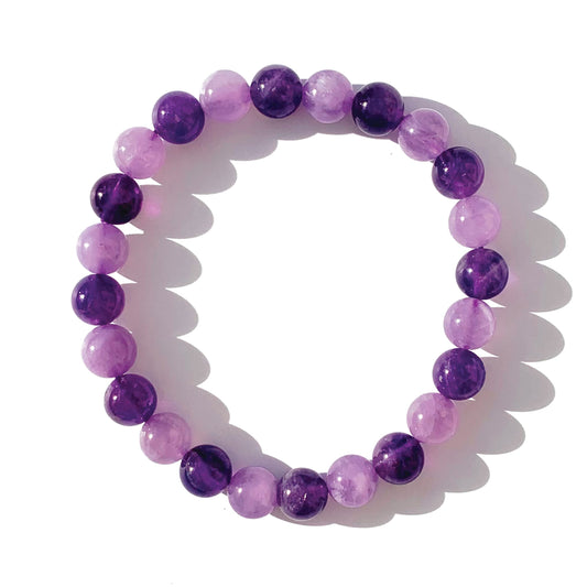 Joyfulmuze Stretch Bracelets, Natural Gemstones Amethyst, Citrine, Rose Quartz, Clear Crystal Quartz, Moomstone Peridot Teger Eyes, Handmade Gift for Women and Men (Amethyst Dark + Light)