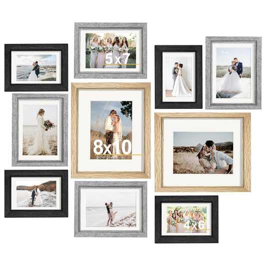 Povrgive Picture Frames, Made of Real Glass and Wooden Frame, Gallery Photo Frames Set of 10 for Collage Wall Decor, Multi Sizes Including 8x10, 5x7, 4x6 for Mounting or Tabletop Display, Mixed Colors (Black Gray Wood Grain)