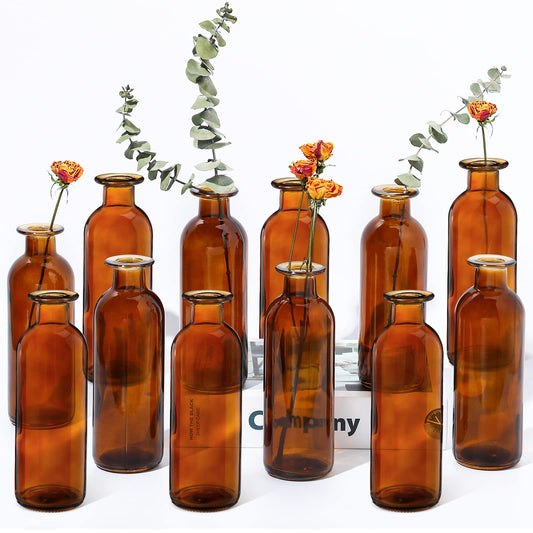 Patelai Set of 12 Glass Bud Vases Small Bud Vase in Bulk Mini Flower Vase for Wedding Reception Vintage Decorative Home Decor Housewarming Gift, 6.3 x 2.2 Inch (Brown 12 Pieces)