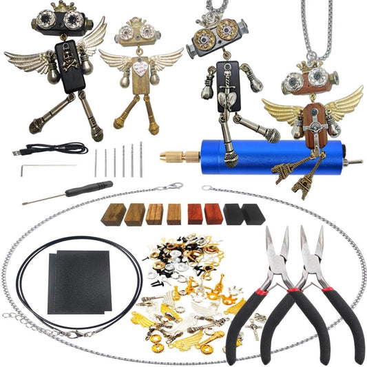 DEUXPER Unique Cross Necklace DIY Set - Wooden Steampunk Robot Charms Pendants, Keychain Decor, Cute Bag Chain, Gold Silver Jewelry Gifts Craft Project for Women Men