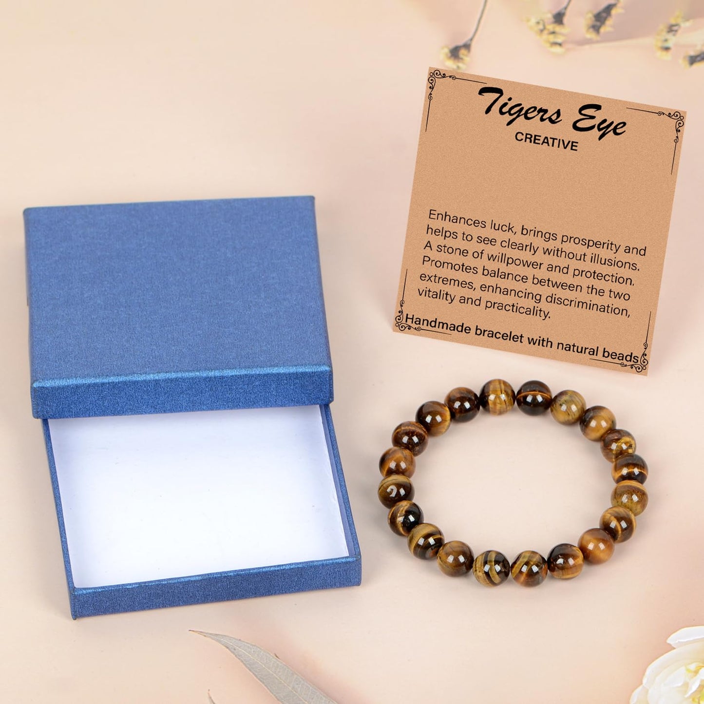 LPBeads Handmade Natural Gemstone Stretch Elastic 10mm Yellow Tiger's Eye Bracelet Healing Crystal Round Stone Beads Jewelry Gifts for Women Men