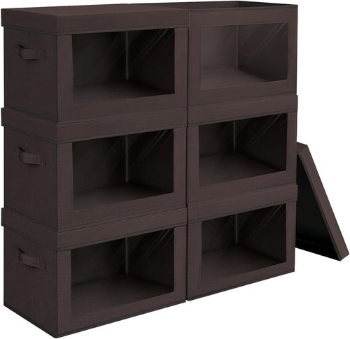 Homsorout Stackable Storage Bins - Large Foldable Closet Organizers with Lids | 6 Pack, Brown