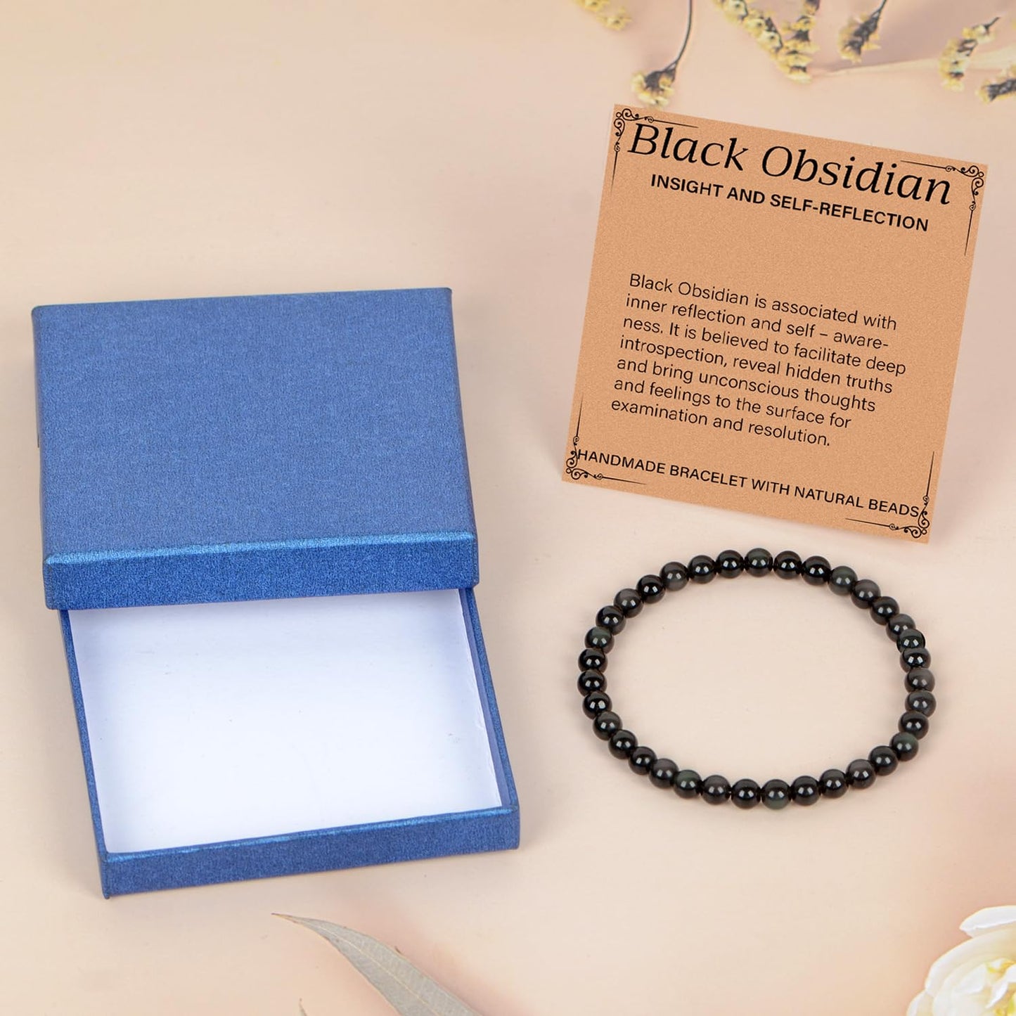 LPBeads Handmade Natural Gemstone Stretch Elastic 6m Black Obsidian Bracelet Healing Crystal Round Stone Beads Jewelry Gifts for Women Men
