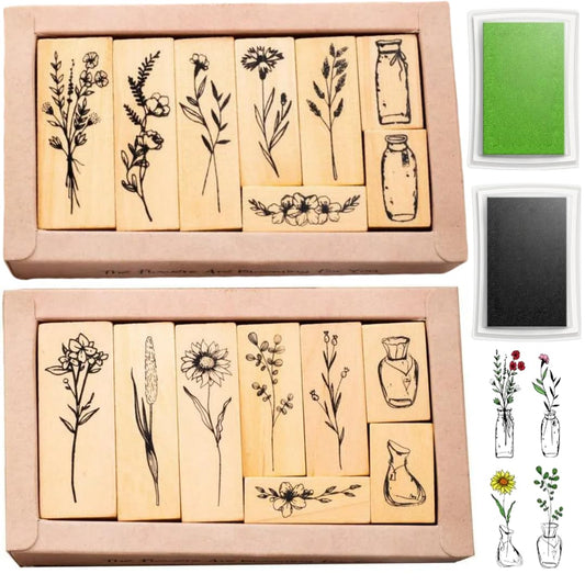 18 Pcs Stamps for Crafting, 2 Styles Plant Rubber Stamps for Crafting, Green and Black Ink Stamps, Wooden Flower