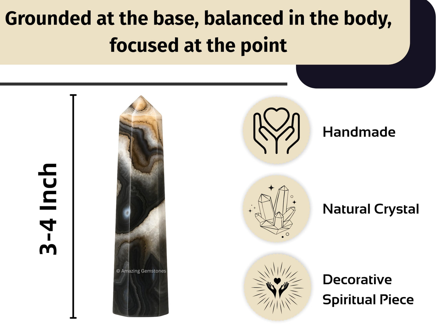 Amazing Gemstone Black Banded Agate Onyx Crystal Towers ~ Natural Healing Crystal Point Obelisk for Reiki Healing and Crystal Grid (3" to 4" INCH)