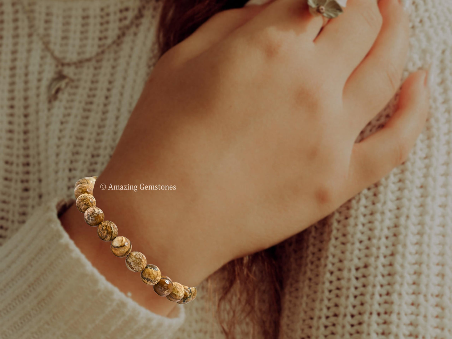 Amazing Gemstone Picture Jasper Bracelet for Women - Chakra Mens Bracelet Protection Crystals&Healing Stones - Blessing Bracelet Spiritual Meditation Gift (Faceted Beaded Bracelet)