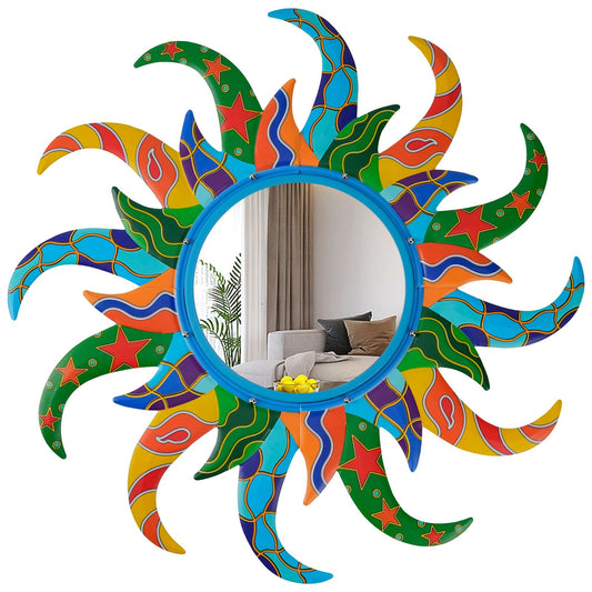 YIWEMON Colorful Sun Wall Mirror Decorative 25 inch Metal Frame Sunburst Boho Mirror for Entryway Bedroom Living Room Bathroom House Warming Gifts New Home Essential (Blue)
