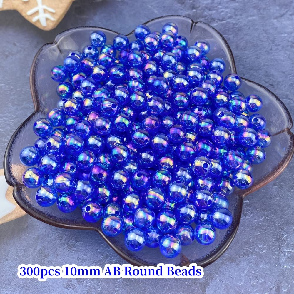 300 Pcs 10mm Acrylic Round Beads AB Colors Round Spacer Beads for Earring Bracelet Necklace Key Chains Jewelry DIY Craft Making(Royal Blue AB)