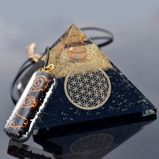 Real Crystal Black Tourmaline Orgonite Pyramid W/Flower of Life Healing Crystal Pendant, Pyramid Crystal Gemstone Pyramid for Meditation, Motivation, Positivity - Handmade in India