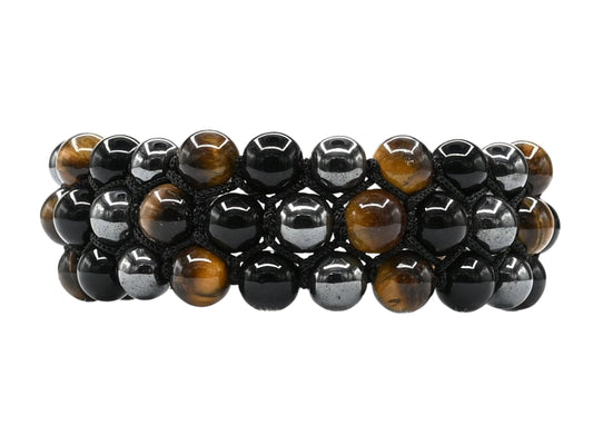 Amazing Gemstone Triple Protection Bracelet - Hematite Black Obsidian Tiger Eye Bracelet Set for Men Women Healing Calming Anxiety Stress Relief Gifts Stocking Stuffer (Adjustable, 3 Layer)