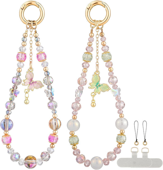 2 BESARME Pcs Phone Charm Wristlet with Crystal Beads and Butterfly Pendant, Includes Tether Tab for Easy Attachment
