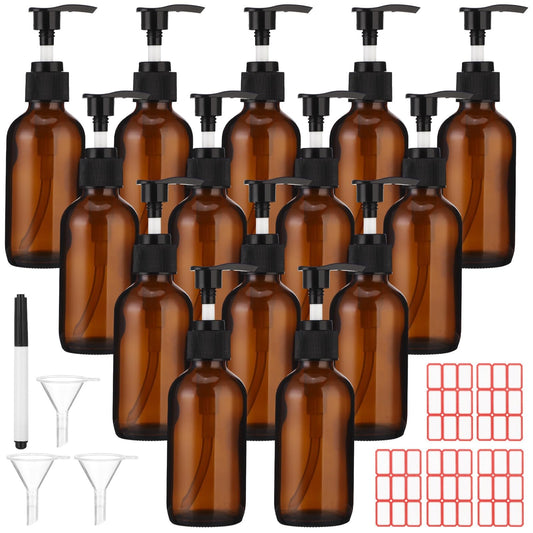 15 Pcs Amber Glass Pump Bottles - 4 oz Refillable Amber Travel Bottles Dispenser Set with Press Pumps, Includes 3 Funnels, 5 Label Sheets & Pen, Refillable Glass Containers for Lotions
