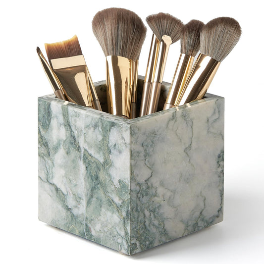 Real Luxurious Natural Marble Toothbrush Holder & Makeup Brush Organizer & Pen Holder for Desk,3.93inch Square Marble Utensil Holder Non-Ceramic/Non-Resin （Cyan Green）
