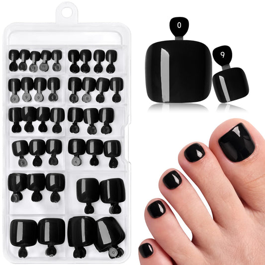 120pcs Black Press on Toenails for Women,Short Square Fake Toe Nails,12 Sizes False Toenails with Nail Glue and Adhesive Tabs