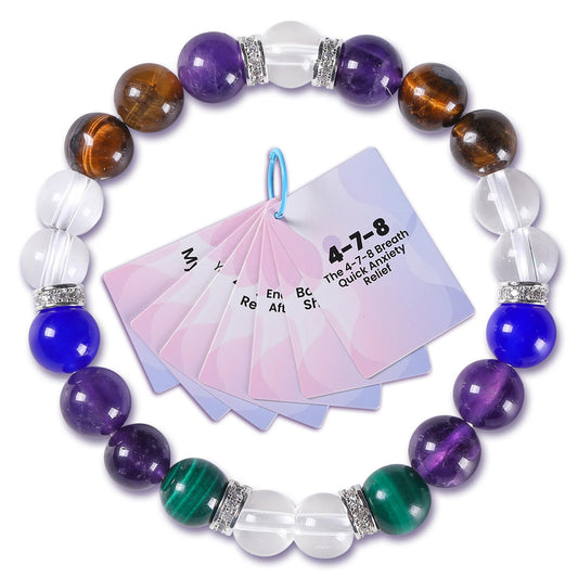 Healing Crystal Bracelet for Women, 8mm Polished Bead Stretch Bracelets with Sterling Silver Spacers, Handcrafted Wristwear Healing Chakra Bracelet Gifts for Daily Grounding, 7 Affirmation Cards Included