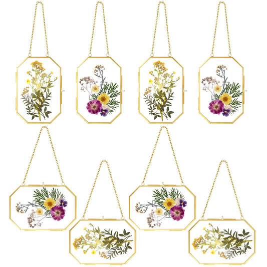 Spiareal 8 Pcs Octagon Glass Pressed Flower Frame 4 x 6 Inch Double Clear Hanging Floating Frame with Chain Gold Geometric Herbarium Glass wall Picture for Dried Flower Plants Home DIY Wall Decor