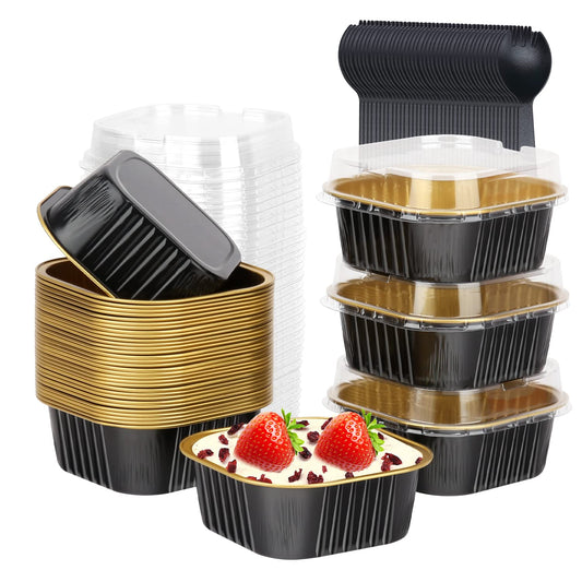 LNYZQUS 5oz Cupcake Mini Cake Pans with Lids 40 Pack, Aluminum Foil Cupcake Cups Brownie Baking Pans,Square Disposable Ramekins Baking Cups,Small Muffin Tin Holders-Black In Gold
