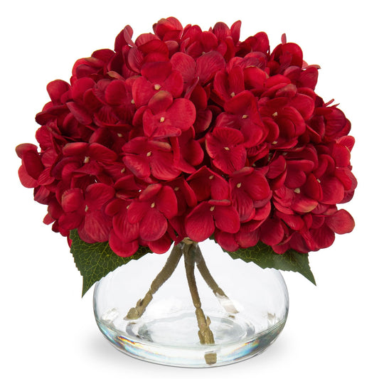 Hollyone Hydrangea Artificial Flowers in Vase Red Silk Fall Fake Flowers Arrangements with Glass Vase with Faux Water Faux Floral Bulk Bouquet for Office Table Centerpiece Shelf Home Decorations