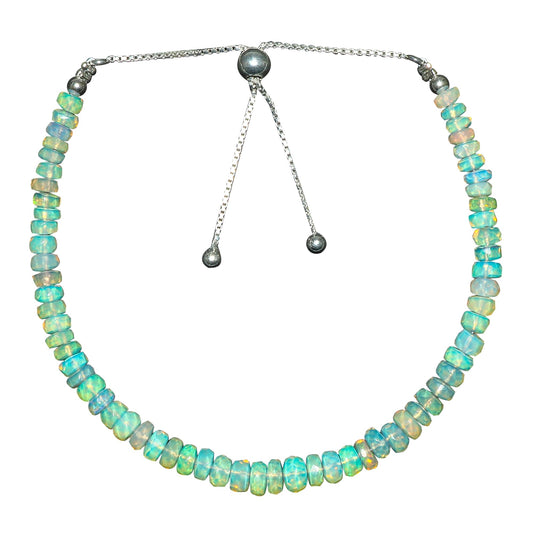CRYSTALINES Natural Ethiopian Opal Gemstone Bolo Bracelet, Faceted Beads Stones, Handmade Boho Jewelry for Women, Healing Crystals, Silver Chain 6+4inch, October Birthstone, Trendy Gift