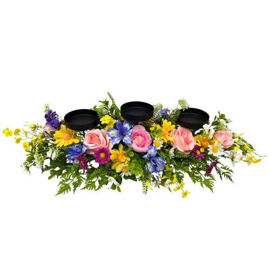 Lnymura Spring Summer Centerpiece with 3 Candle Holders, 24 Inch Colorful Artificial Wildflower Arrangement with Roses, Daisies, and Irises, Ideal for Farmhouse and Country Style Table Decorations