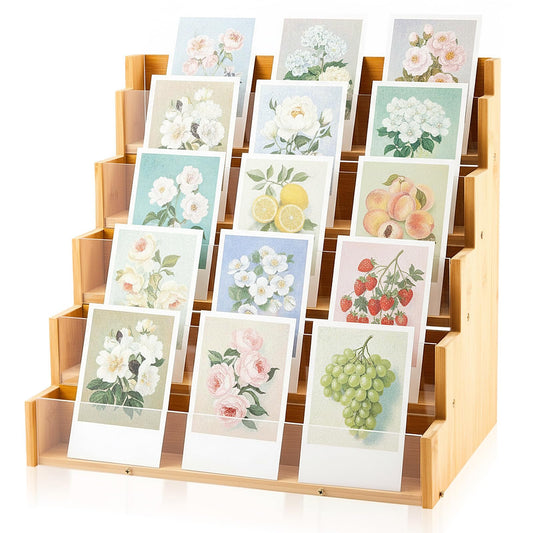 Yuntau 5 Tier Greeting Card Display Stand Wood Color Bamboo and Acrylic Sticker Display Stand Trading Card Holder Retail Photos Shelf for Vendors Craft Collection & Show