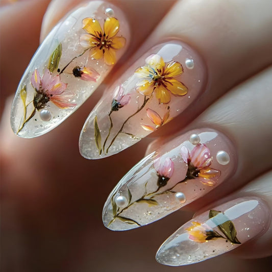 Almond Press on Nails Medium Fake Nails Nude False Nails Floral Artificial Nails with Pearl Designs Summer HandmadeNails Flowers Stick on Nails for Women 24pcs