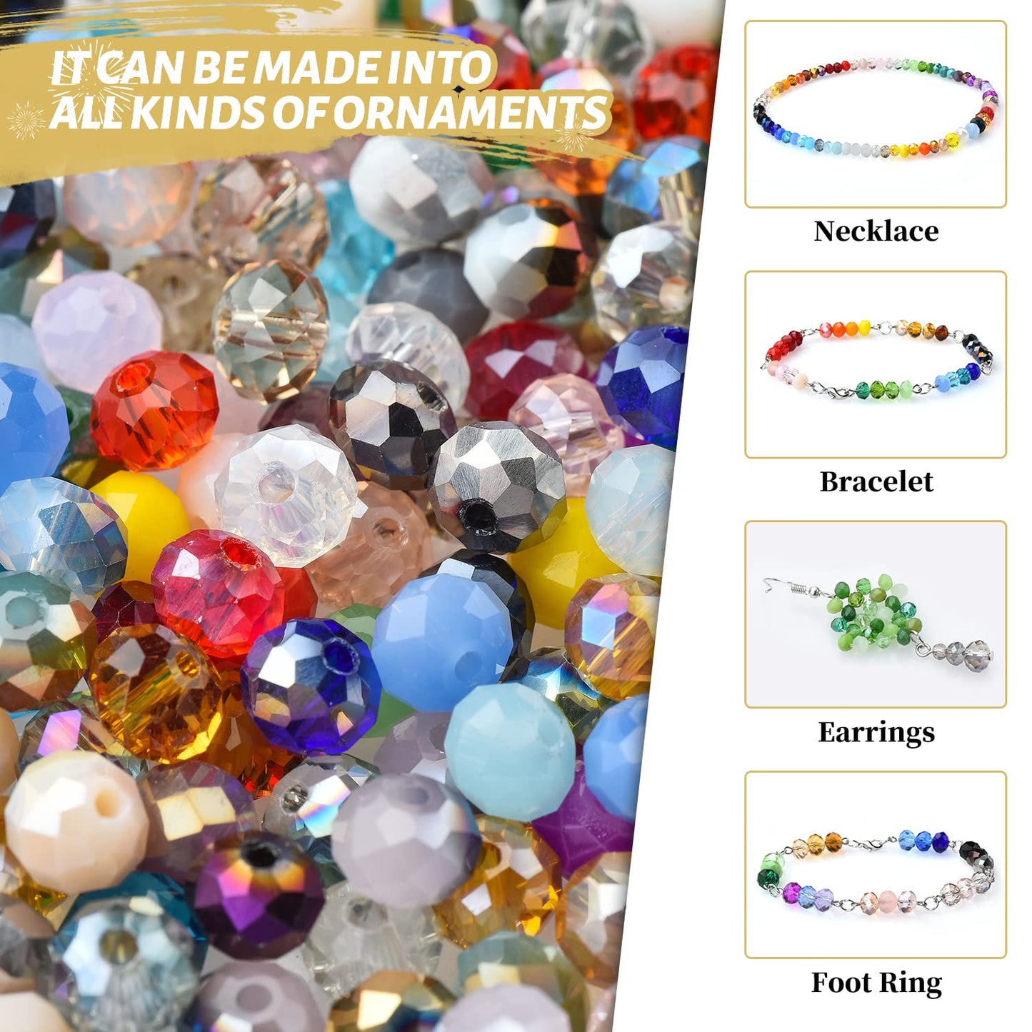 KINGSHINE Mixed 4/6/8mm Round Rondelle Beads 1000pcs Lampwork Briolette Glass Crystal Beads for Jewelry Making Kit,Bracelets,Necklaces,Earrings(Multicolor)