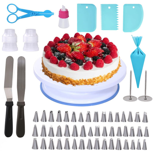 Uten 60PCs Cake Decorating Supplies Kit, Cake Decorating Stand Set with 11'' Cake Turntable, 48 Numbered Icing Piping Tips, 2 Spatulas, 3 Icing Comb Scraper, 1 Scissor, 1 Piping Bags, Baking Tools
