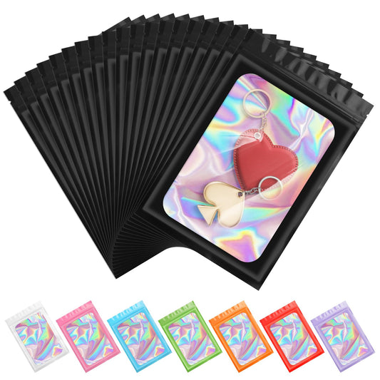 ANZNKU 100 Pack Holographic Mylar Bags, Smell Proof Sealable Packaging Bags with Clear Window for Small Business, Resealable Zip Bag for Candy Treat Jewelry Goodie Sample & Gifts (Black, 2.4 x 3.9 in)