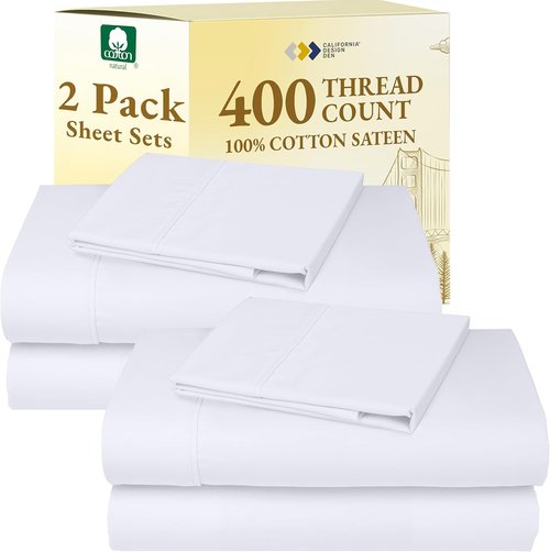 California Design Den Twin Cotton Sheet Sets - 400 Thread Count Soft & Breathable - 2 Deep Pocket Bright White Sets