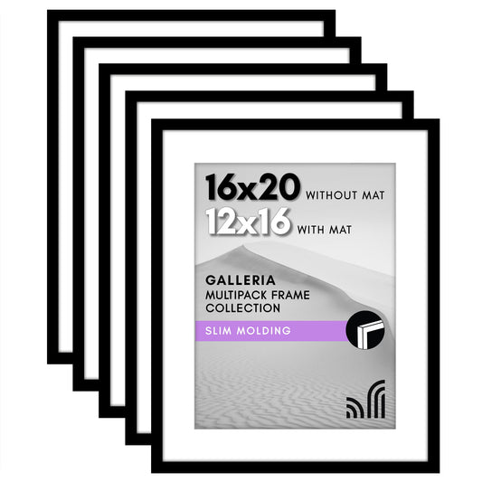 Americanflat 16x20 Picture Frame with Polished Plexiglass - Set of 5 - Use as 12x16 Frame with Mat or Display 16x20 Photo Without Mat - Galleria Collection - Picture Frames for Wall Display - Black