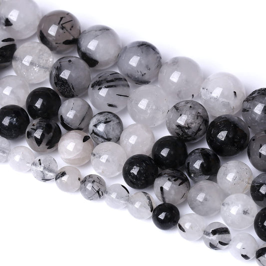 12MM 30PCS Natural Crystal Stone Black Rutile Quartz Gemstone 2A Grade Loose Beads for Jewelry Making DIY Bracelet Necklace Semi Precious Beads 1 Strand