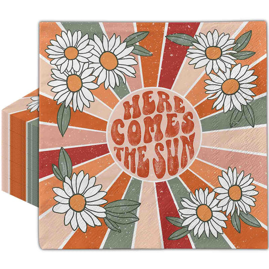 AnyDesign 80Pcs Vintage Daisy Paper Napkins Disposable Here Comes The Sun Luncheon Napkins White Daisy Dessert Dinner Hand Napkin for Birthday Wedding Baby Shower Tea Party Supplies, 6.5 x 6.5 Inch
