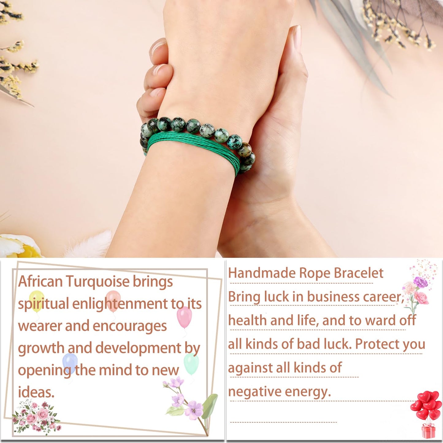 LPBeads 8mm African Turquoise Bracelet with Handmade Rope Bracelet Size Adjustable Natural Stone Crystal Healing Bracelets Gifts for Unisex Adults