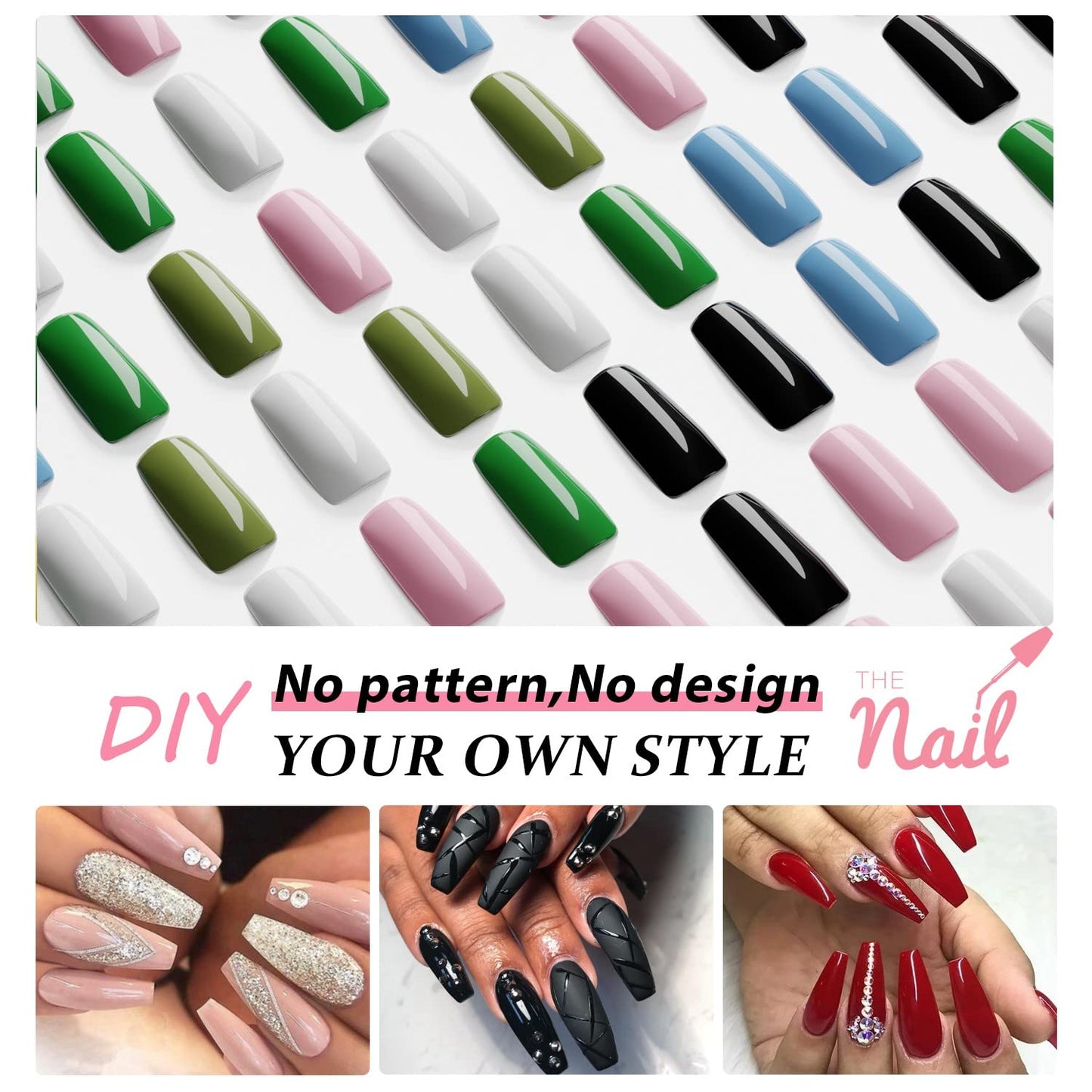 Xcreando Baby Pink Press On Nails Medium Long Square Coffin, Acrylic Glue On Nails, Solid Color Fake Nails for Women, Natural Thick Artificial Stick On
