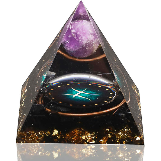 12 Zodiac Orgone Crystal Pyramid, Natural Amethyst with Obsidian,Healing Crystals Pyramid for Protection Chakra, Unique Constellation Pyramid for Positive Energy, Healing Money Health(Pisces)