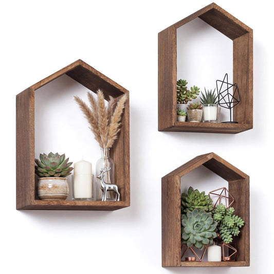 Threehoney 3 Set Wall Shelf 9.8 x 7.1 Inch Wooden Hanging Shelf Deep Display Storage Shelves Floating Shelves for Home Office Room Mini Figures Potted Plants Wall Decor(House,Brown)
