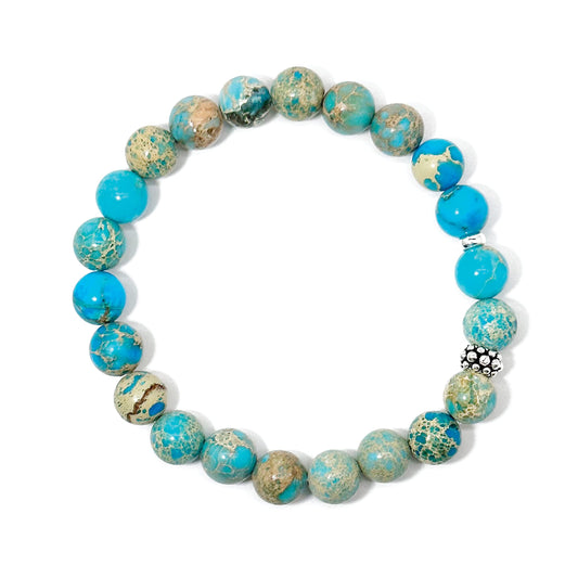 Joyfulmuze Handmade Stretch Bracelet, Genuine Turquoise Emperor Round Jasper, Premium Jewelry for Women Man Girls, Grounding Strength and Stability Stone, Sterling Silver Beads (Turquoise-Jasper-8mm)