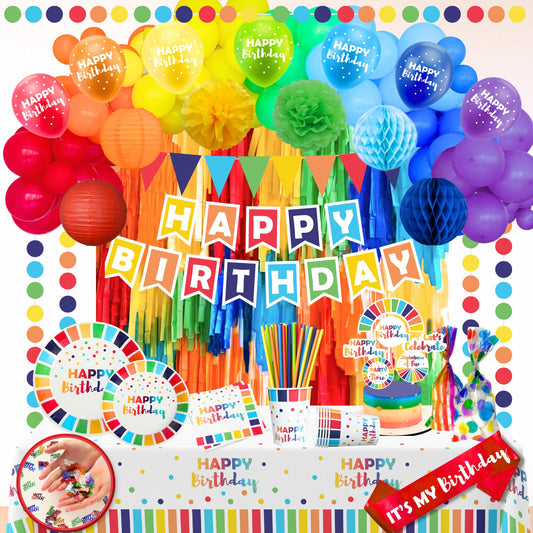 489 Pc Premium Happy Birthday Decorations Kit, All-in-1 Festive Party Decor Supplies Package for Boys and Girls With Rainbow Balloon Arch Kit, Banner, Plates & Cups for 25 Guests - Multicolor