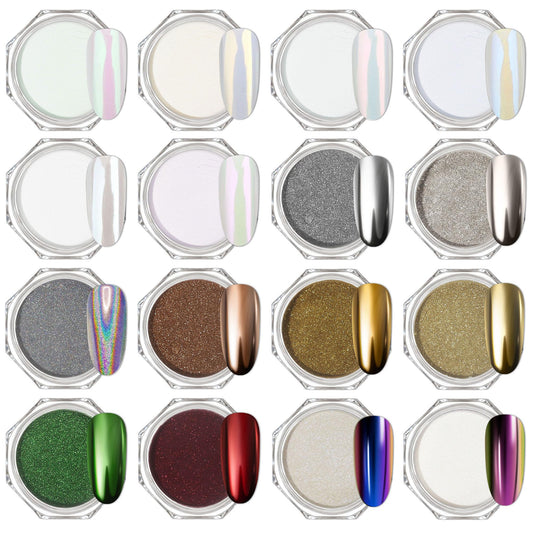 Artdone Chrome Nail Powder 16 Colors, Iridescent Aurora Chameleon Powder Metallic Mirror Effect Pigment Pearlescent Mermaid Pearl Glitter Dust Kit, Nail Art Decoration, Resin Craft