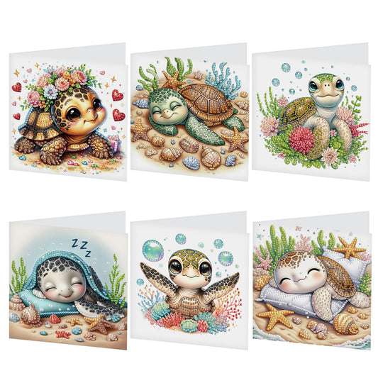 antor 6 pcs Diamond Art Painting Greeting Card Kits, Animal Cute Turtle Design Irregular Shapes Diamond Art Fine Glitter Greeting Cards with Envelopes, Clay Glue, Pen, and Bead Bag for Creative Gifts