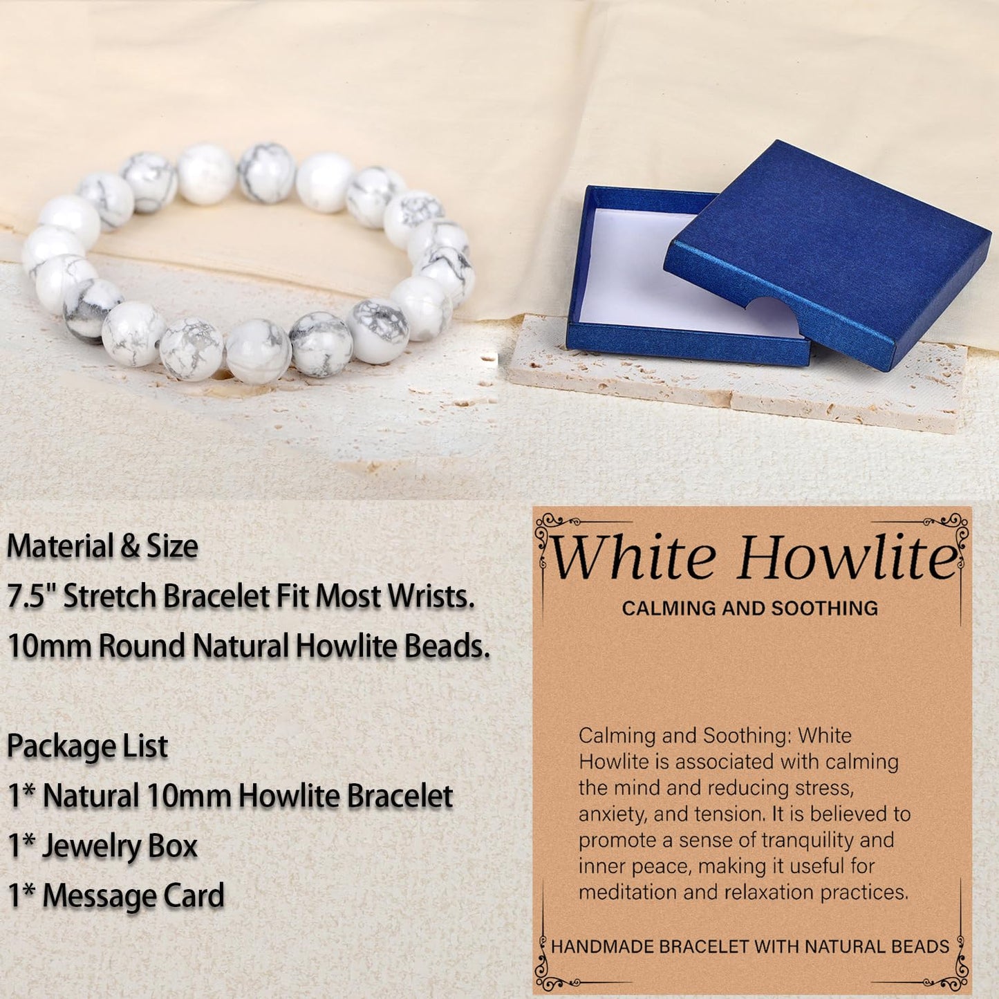 LPBeads Handmade Natural Gemstone Stretch Elastic 10mm White Howlite Bracelet Healing Crystal Round Stone Beads Jewelry Gifts for Women Men