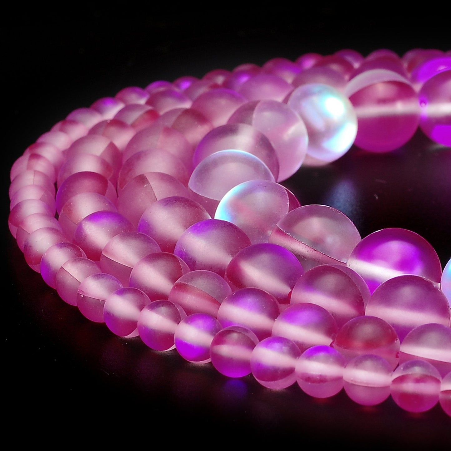 RUBYCA 10mm Round Moonstone Matte Crystal Glass Beads Aura for Jewelry Making Pink, 1 Strand