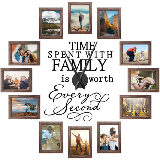 Briwooody Family Photo Clock Frame Wall Decor for Living Room, Family Picture Frame Clock Quote Art Wall Stickers Kit, Housewarming Gifts, Room Decor(5 x 7 Inch,Brown)