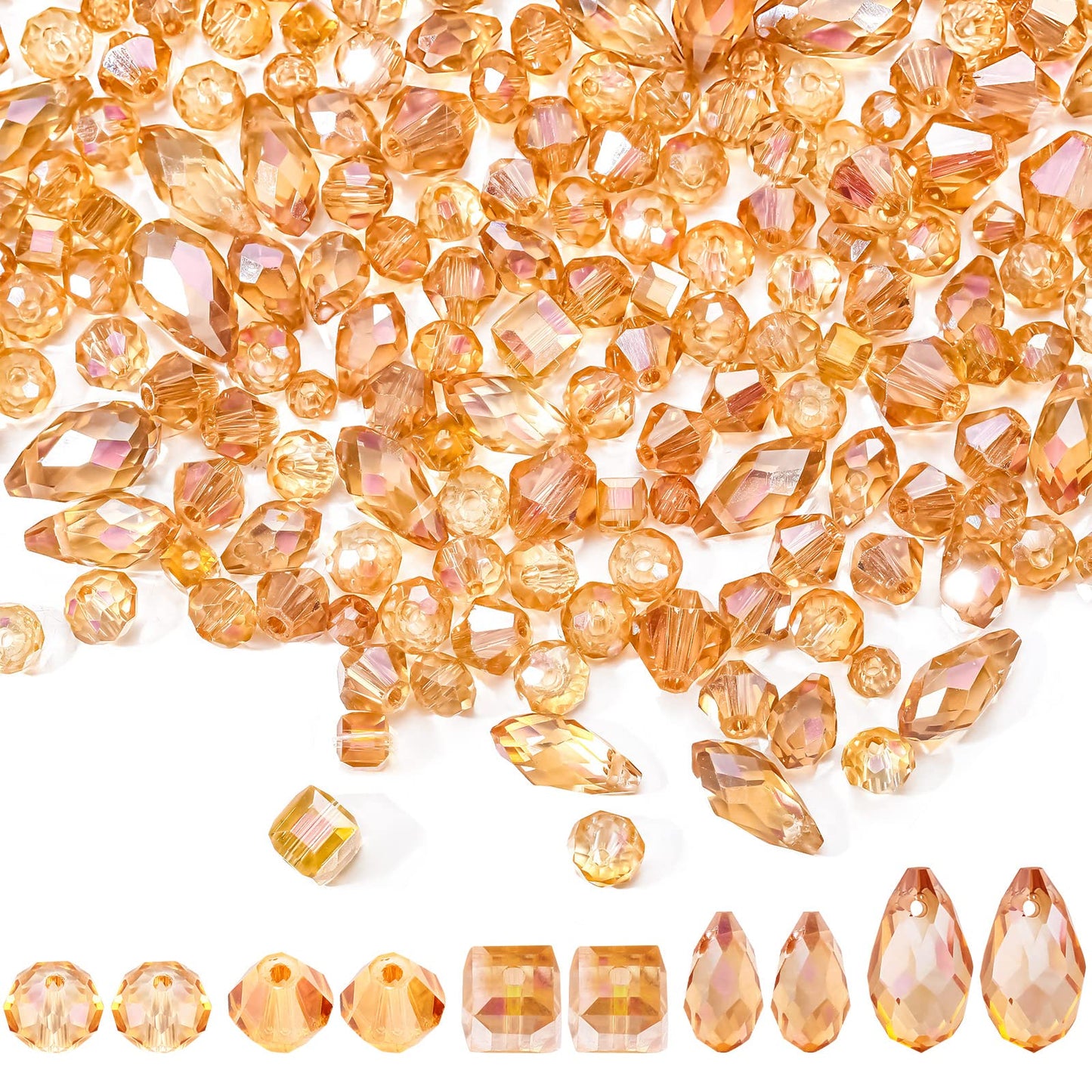 Kigeli 1280 Pcs Glass Beads Bulk Assorted Crystal Beads for Jewelry Making Faceted Teardrop Rondelle Briolette for DIY Crafts Necklace Wristband Earring Kit(Classic,Champagne Gold)