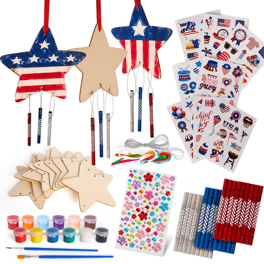 ArtCreativity Patriotic DIY Wind Chime Kit for Kids - 9 Pack - Wooden Wind Chime Set with Paint Kit, Rhinestone Flower Stickers, 105 Stickers, and More - July 4th Arts and Crafts for Kids 3 and Up