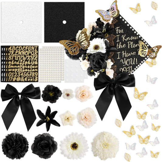 55 Pcs Black Gold DIY Graduation Cap Decorations Faux Assorted Flowers White Bows 3D Butterfly Stickers Glitter Alphabet Letter Number Decals for DIY Hat Grad Cap Topper Graduation Party Supplies