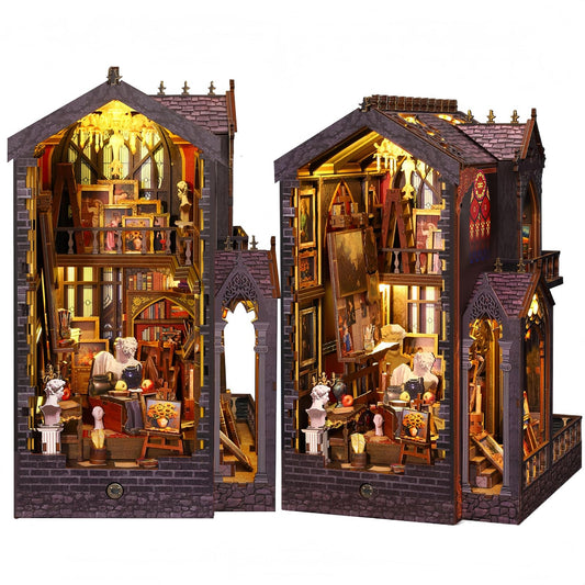 Booknooks kit for Adults - Art Studio Book Nook Kit | Miniature Artist Atelier 3D Puzzle | Vintage Oil Painting Bookshelf Decor with LED | Unique Creative Gifts for Art Lovers (Gray)