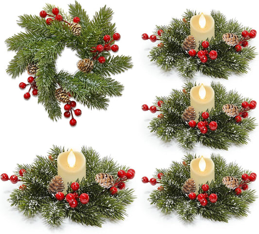 Skiennix Christmas Candle Rings - 4 Pcs Flocked Pine & Red Berry Wreaths for Festive Home Decor